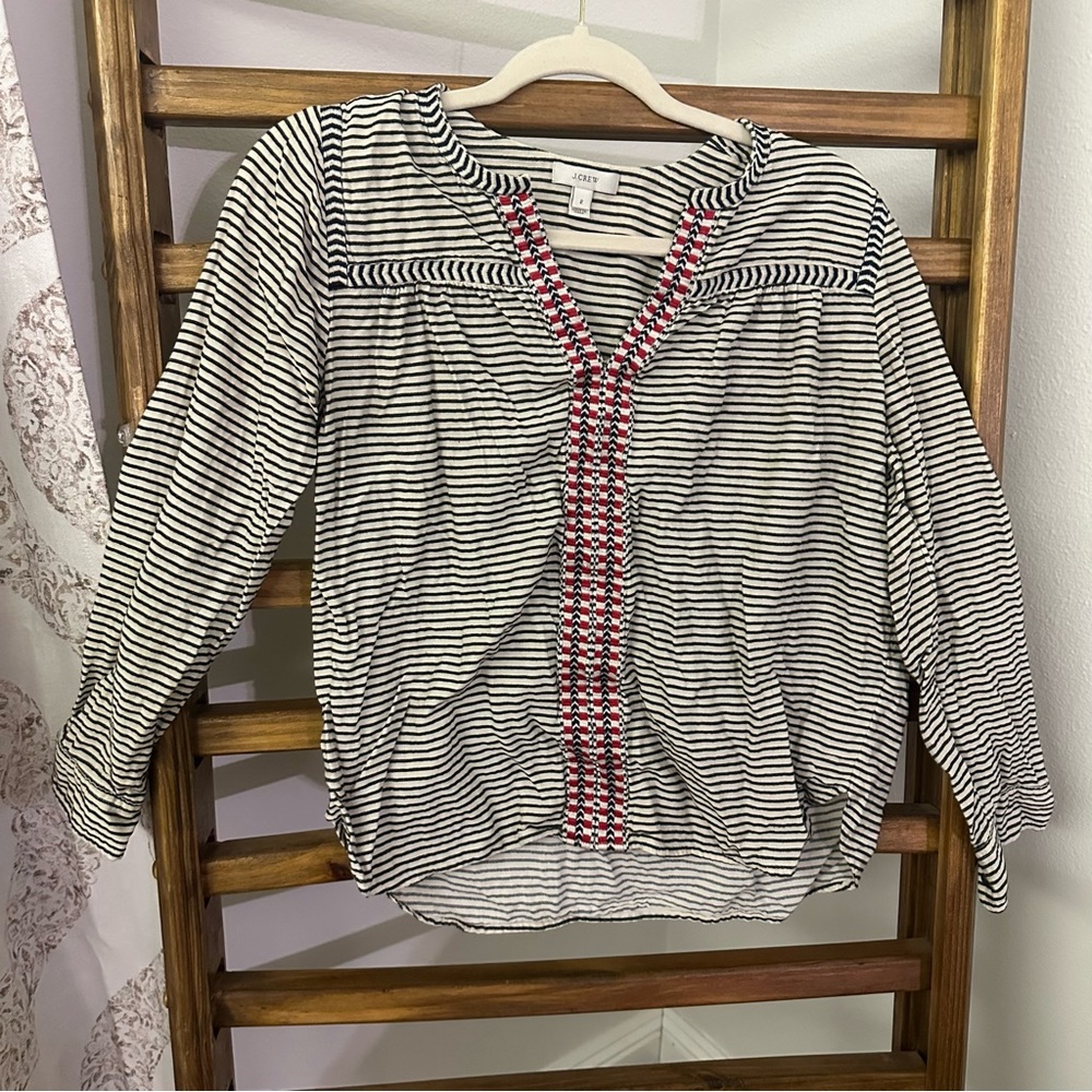 J. Crew Black and White Striped Blouse with Pink Accents